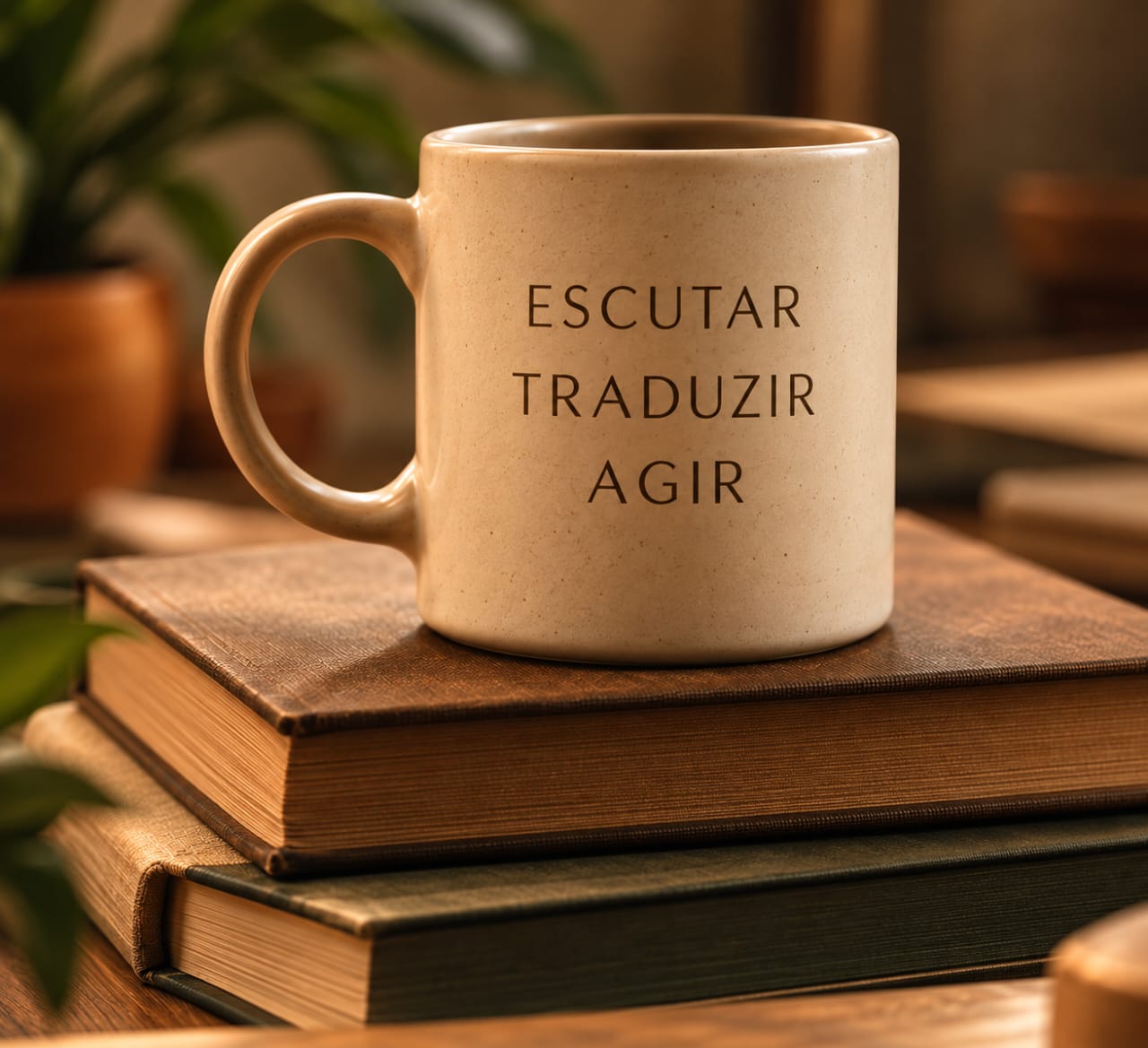 Caneca com as palavras escutar, traduzir e agir sobre livros